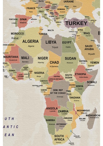 Lilafil Dünya Haritası Kanvas Tablo Ülke Başkentli ve Okyanus Detaylı Dekoratif Tablo 2745