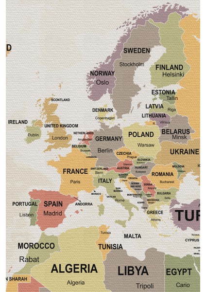 Lilafil Dünya Haritası Kanvas Tablo Ülke Başkentli ve Okyanus Detaylı Dekoratif Tablo 2745
