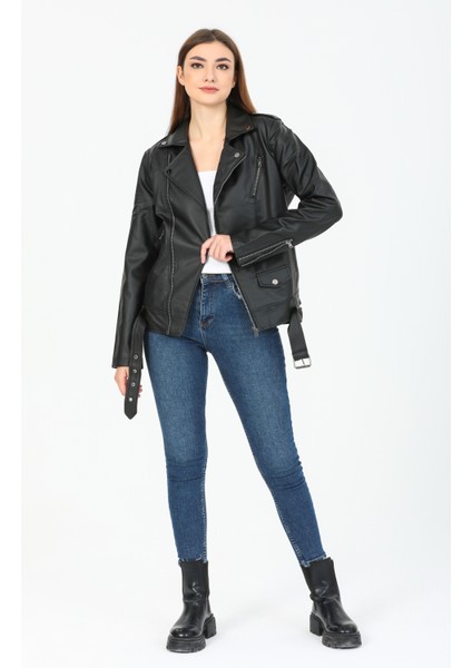 Kadın Siyah Oversize Içi Kürklü Kemerli Biker Deri Ceket indirimleri