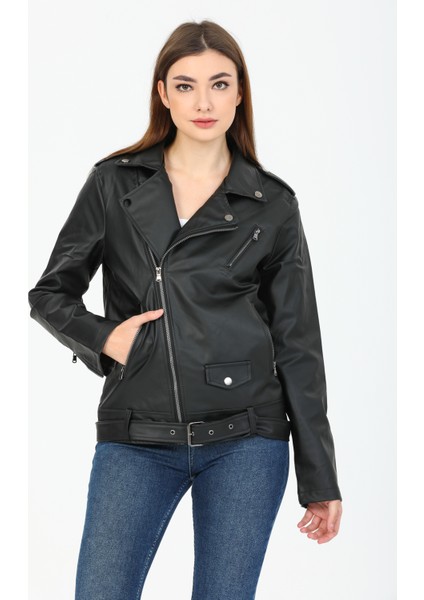 Kadın Siyah Oversize Içi Kürklü Kemerli Biker Deri Ceket