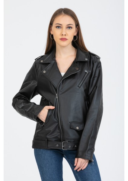 Kadın Siyah Oversize Içi Kürklü Kemerli Biker Deri Ceket
