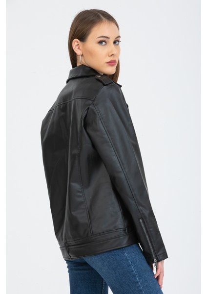 Kadın Siyah Oversize Içi Kürklü Kemerli Biker Deri Ceket