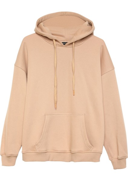Kapüşonlu Kanguru Cepli Sweatshirt Bej