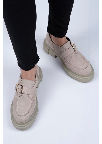 Gloria Kadın Deri Loafer Kemerli Tokalı Bej Süet Ayakkabı