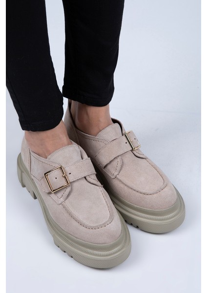 Gloria Kadın Deri Loafer Kemerli Tokalı Bej Süet Ayakkabı fırsatları