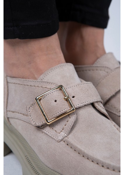 Gloria Kadın Deri Loafer Kemerli Tokalı Bej Süet Ayakkabı indirimleri