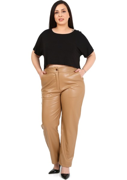 Büyük Beden Beli Yanlardan Lastikli Cepli Bej Rengi Deri Pantolon fırsatları