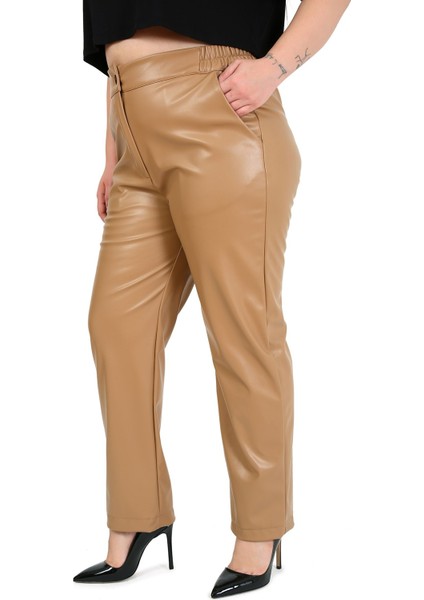 Büyük Beden Beli Yanlardan Lastikli Cepli Bej Rengi Deri Pantolon indirimleri