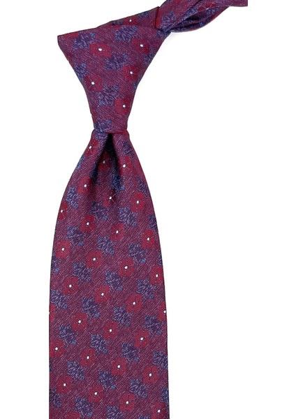 Bordo - Mavi Motif Desen Mendilli Klasik Kravat KK11186