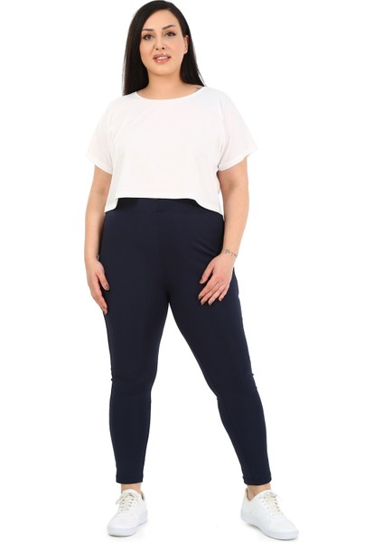 Büyük Beden Beli Lastikli Bilek Hizasında Panelli Lacivert Bayan Tayt fırsatları