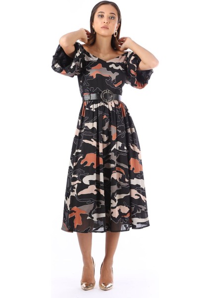 Kadın Renkli Desenli Şifon Elbise