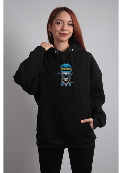 Unisex Oversize Hoodie Şapkalı Pro Kuru Kafa Baskılı Siyah