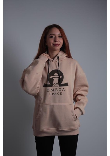 Unisex Oversize Hoodie Omega Gözlük Cosmos Taş Rengi