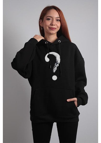 Unisex Oversize Hoodie Soru Işareti Kuru Kafa Siyah
