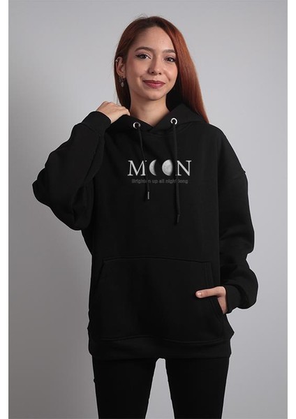 Unisex Oversize Hoodie Moon Siyah