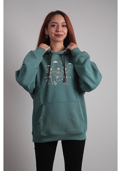 Unisex Oversize Hoodie Iskelet Baslıkı Mint Yeşili