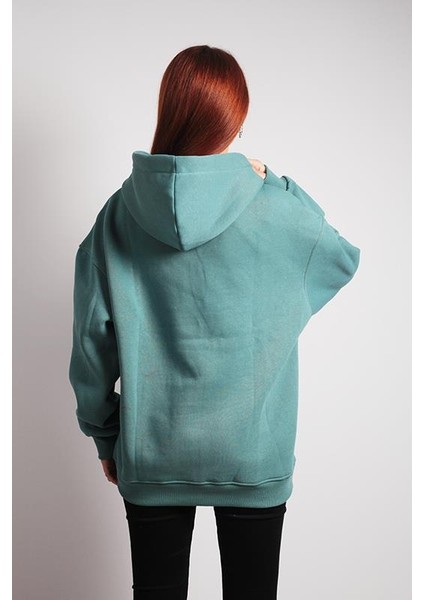 Unisex Oversize Hoodie Iskelet Baslıkı Mint Yeşili