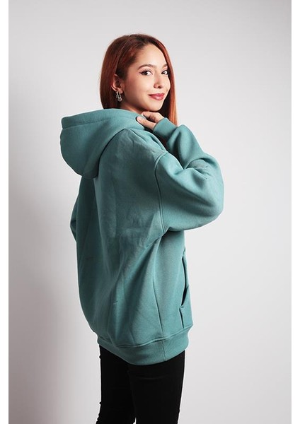 Unisex Oversize Hoodie Iskelet Baslıkı Mint Yeşili
