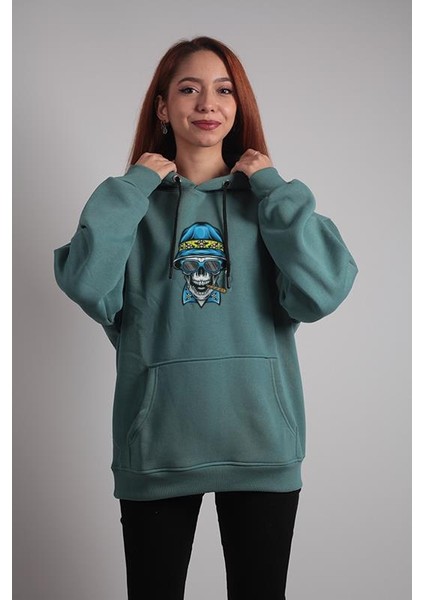 Unisex Oversize Hoodie Şapkalı Pro Kuru Kafa Baskılı Mint Yeşili