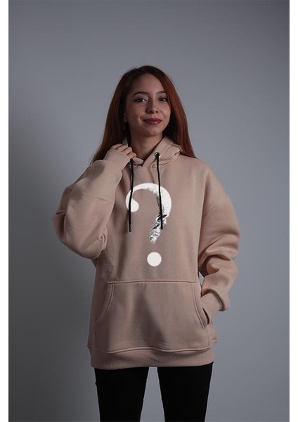 Unisex Oversize Hoodie Soru Işareti Kuru Kafa Taş Rengi