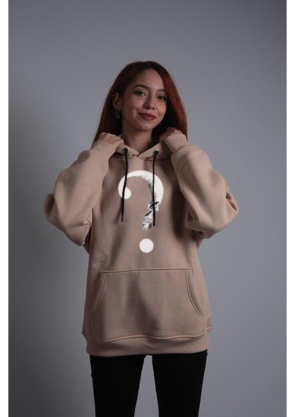 Unisex Oversize Hoodie Soru Işareti Kuru Kafa Taş Rengi fiyatları