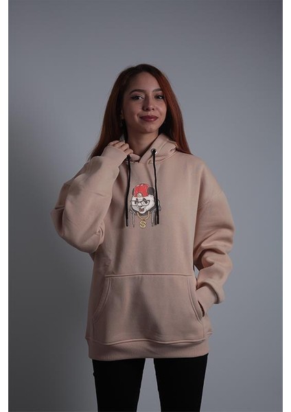 Unisex Oversize Hoodie Dolar Kolyeli Panda Taş Rengi