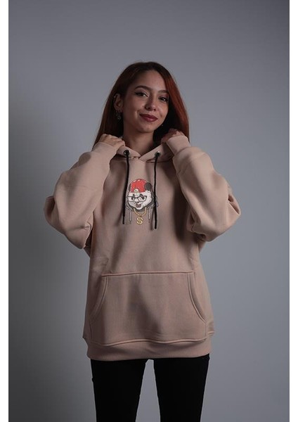 Unisex Oversize Hoodie Dolar Kolyeli Panda Taş Rengi