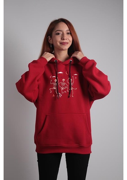 Unisex Oversize Hoodie Iskelet Baslıkı Kırmızı