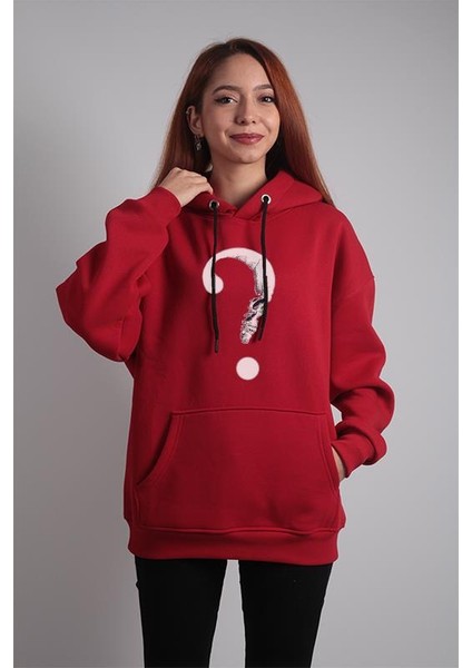 Unisex Oversize Hoodie Soru Işareti Kuru Kafa Kırmızı