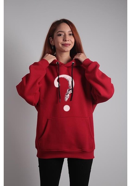 Unisex Oversize Hoodie Soru Işareti Kuru Kafa Kırmızı fiyatları