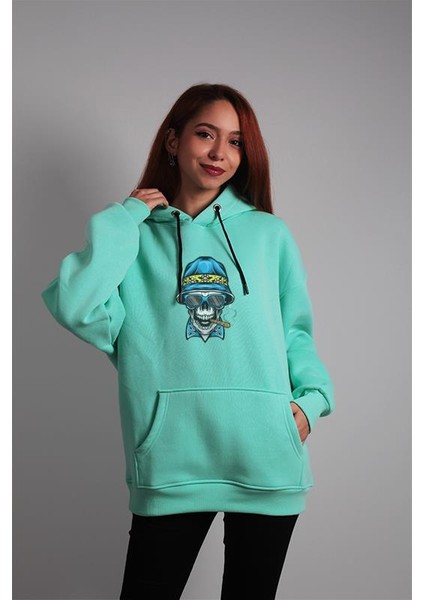 Unisex Oversize Hoodie Şapkalı Pro Kuru Kafa Baskılı Turkuaz