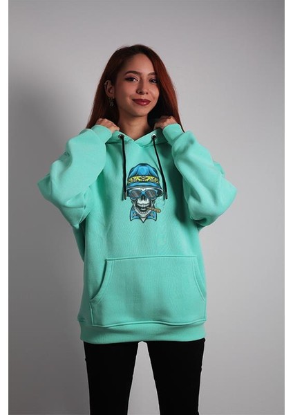 Unisex Oversize Hoodie Şapkalı Pro Kuru Kafa Baskılı Turkuaz fiyatları