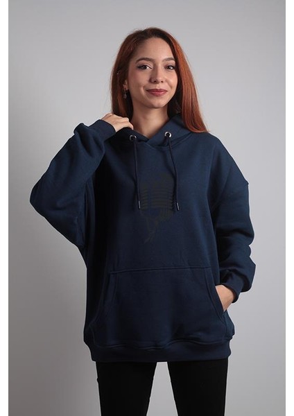 Unisex Oversize Hoodie Mikrofon Lacivert