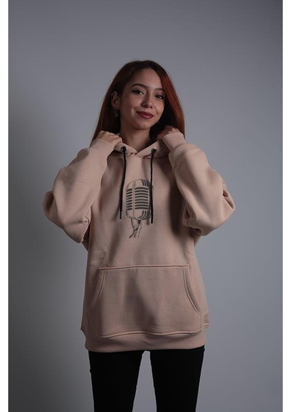 Unisex Oversize Hoodie Mikrofon Taş Rengi fiyatları
