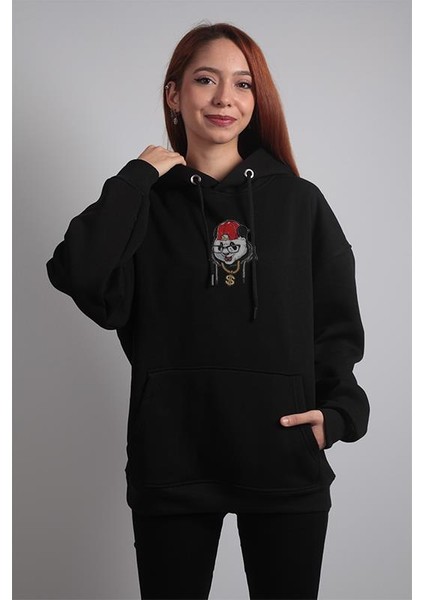 Unisex Oversize Hoodie Dolar Kolyeli Panda Siyah