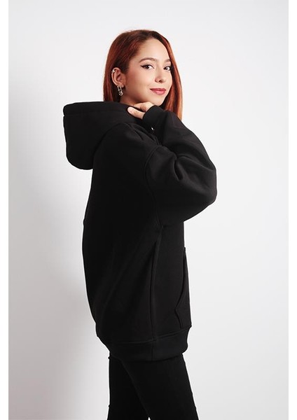 Unisex Oversize Hoodie Dolar Kolyeli Panda Siyah modelleri