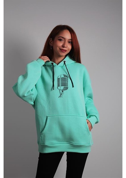 Unisex Oversize Hoodie Mikrofon Turkuaz