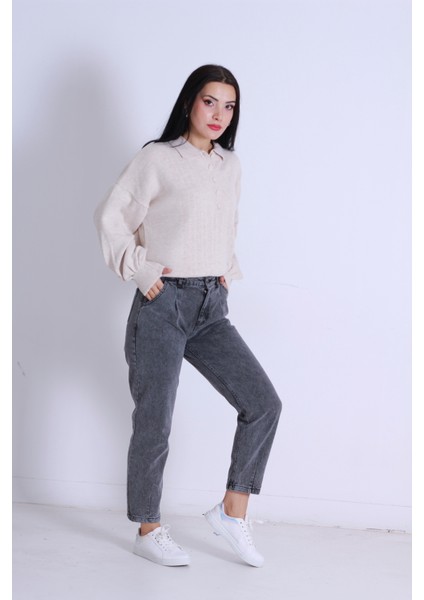 Paçası Pensli Kot Pantolon- Gri