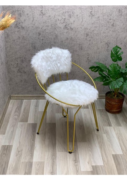 Şym Design 1 Adet 45 cm Leno Gold Metal Ayaklı Beyaz Peluş Sandalye,makyaj Sandalyesi MK1022