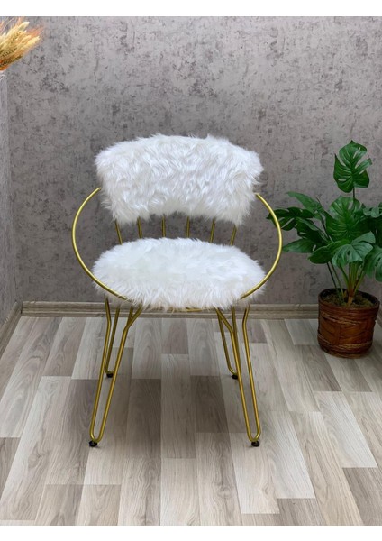 Şym Design 1 Adet 45 cm Leno Gold Metal Ayaklı Beyaz Peluş Sandalye,makyaj Sandalyesi MK1022 modelleri
