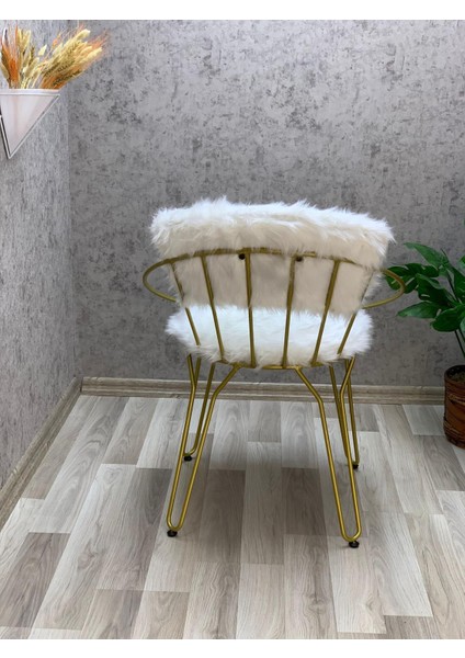 Şym Design 1 Adet 45 cm Leno Gold Metal Ayaklı Beyaz Peluş Sandalye,makyaj Sandalyesi MK1022 indirimleri