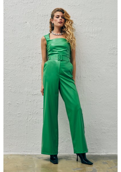 Kare Yaka Deri Crop Bluz - Yeşil fırsatları