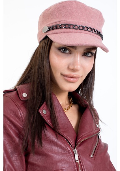 Kadın Kışlık Şapka Zincir Aksesuarlı Kaşe Kumaş Kaptan Kasket Model
