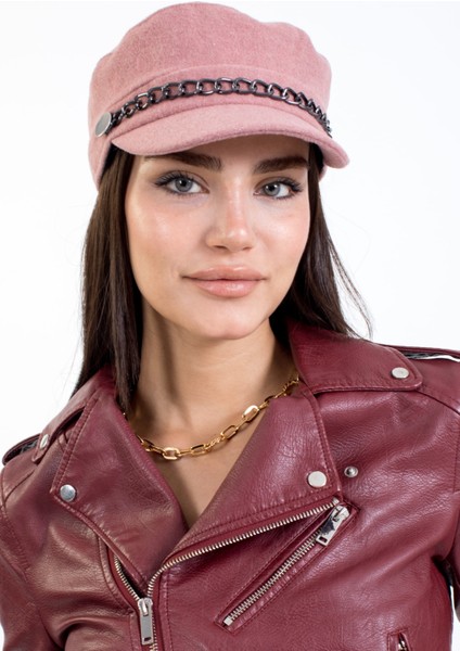 Kadın Kışlık Şapka Zincir Aksesuarlı Kaşe Kumaş Kaptan Kasket Model modelleri