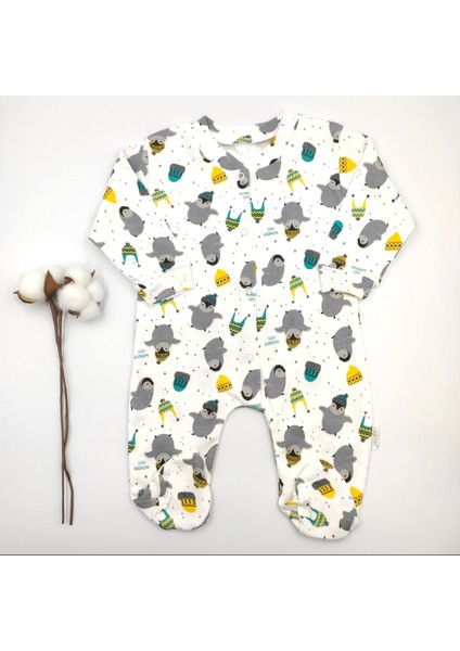 Penguen Desenli Krem %100 Cotton Bebek Tulumu