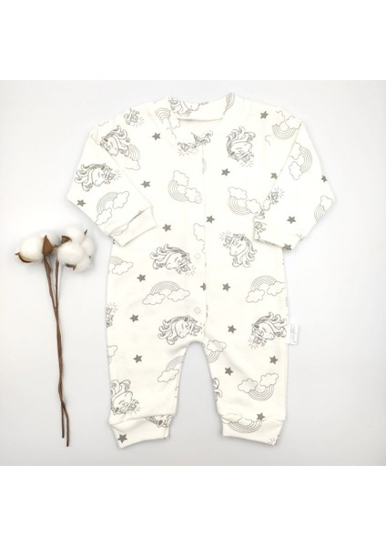 Unicorn Desenli Krem Bebek Tulumu %100 Cotton