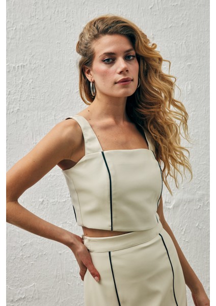 Kontrast Deri Crop Bluz - Ekru