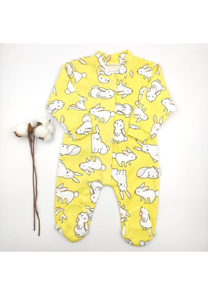 Tavşan Desenli Patikli Sarı Bebek Tulumu %100 Cotton