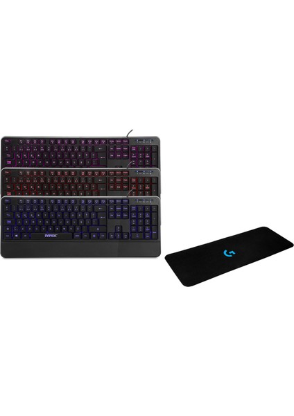 KB-R61 Brıght Siyah USB 3 Renk Aydınlatmalı Q Sabit Bilek Destekli Gaming Oyuncu Multimedia Klavye +Logitech 70 x 30 Gaming Mouse Pad