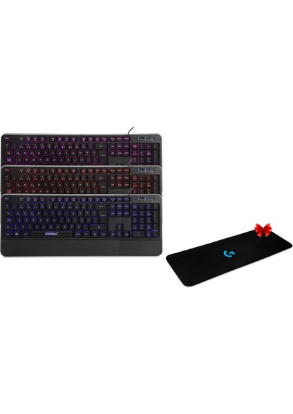 KB-R61 Brıght Siyah USB 3 Renk Aydınlatmalı Q Sabit Bilek Destekli Gaming Oyuncu Multimedia Klavye +Logitech 70 x 30 Gaming Mouse Pad